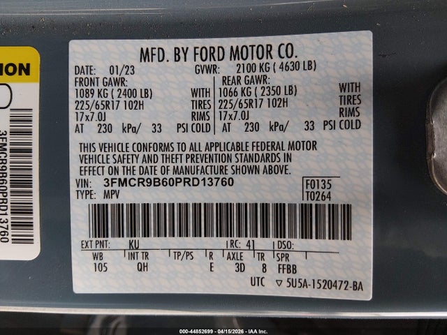 44852699 :رقم المزاد ، 3FMCR9B60PRD13760 vin ، 2023 Ford Bronco Sport Big Bend مزاد بيع