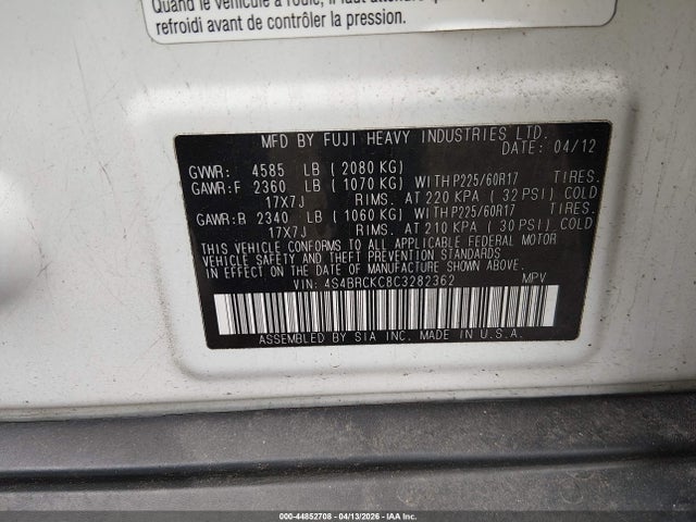 Aukcja sprzedaży 2012 Subaru Outback 2.5i Limited, vin: 4S4BRCKC8C3282362, numer aukcji: 44852708