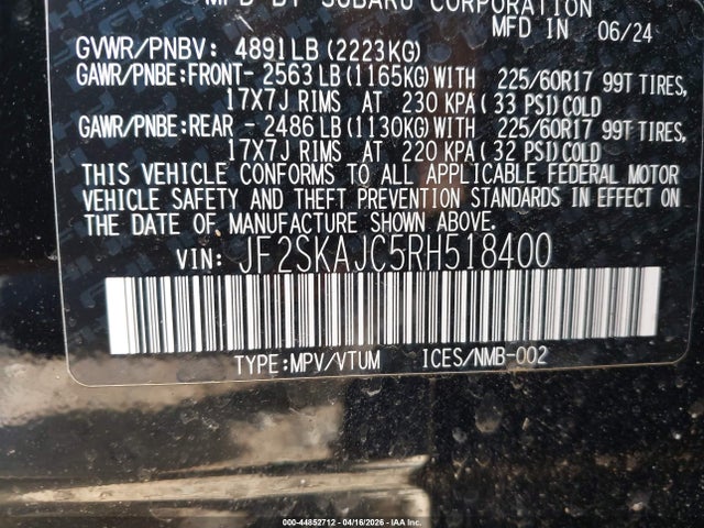 44852712 :رقم المزاد ، JF2SKAJC5RH518400 vin ، 2024 Subaru Forester Wilderness مزاد بيع