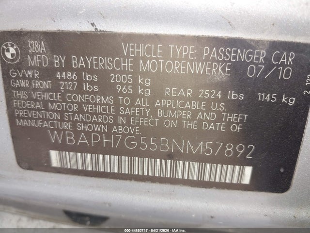 44852717 :رقم المزاد ، WBAPH7G55BNM57892 vin ، 2011 Bmw 328i مزاد بيع