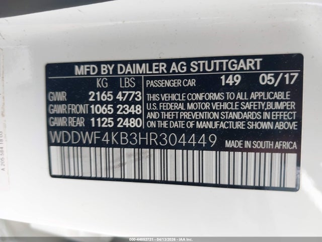 44852721 :رقم المزاد ، WDDWF4KB3HR304449 vin ، 2017 Mercedes-benz C 300 4matic مزاد بيع