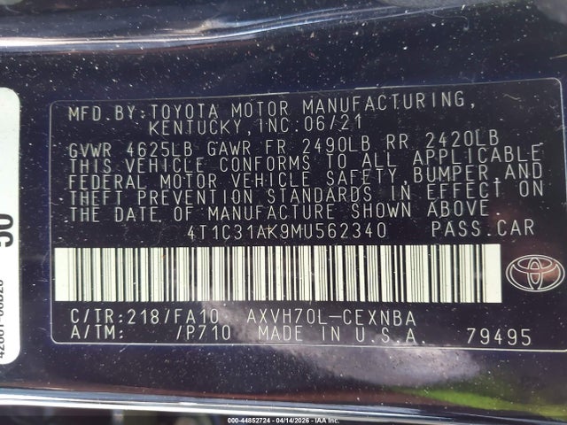 4T1C31AK9MU562340 Toyota Camry Le Hybrid