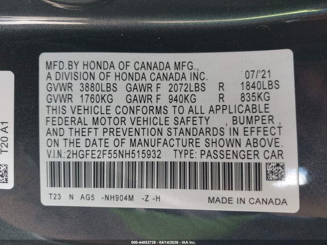 44852726 :رقم المزاد ، 2HGFE2F55NH515932 vin ، 2022 Honda Civic Sport مزاد بيع
