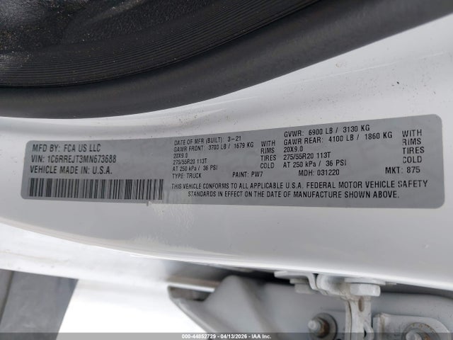 Продажа на аукционе авто 2021 Ram 1500 Laramie  4x2 5'7 Box, vin: 1C6RREJT3MN673688, номер лота: 44852729