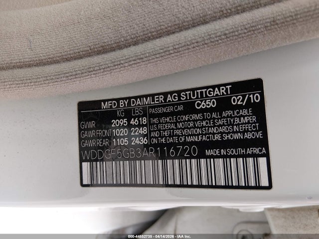 44852735 :رقم المزاد ، WDDGF5GB3AR116720 vin ، 2010 Mercedes-benz C 350 Sport مزاد بيع
