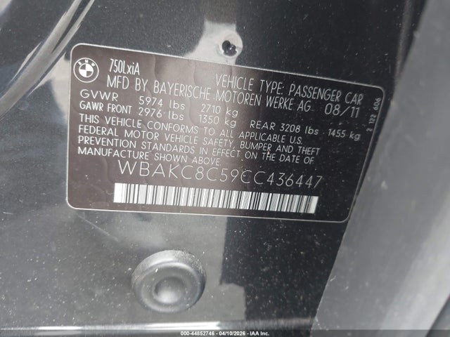Продажа на аукционе авто 2012 Bmw 750li Xdrive, vin: WBAKC8C59CC436447, номер лота: 44852746