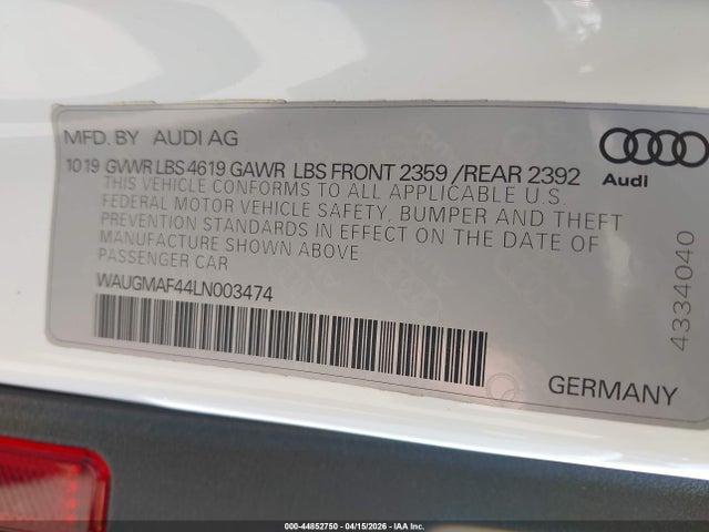 2020 Audi A4 Premium 40 Tfsi Front-wheel Drive S Tronic მანქანა იყიდება აუქციონზე, vin: WAUGMAF44LN003474, აუქციონის ნომერი: 44852750