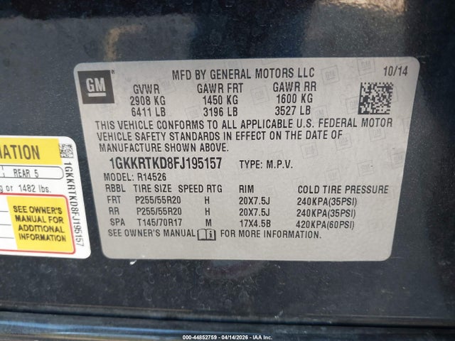 44852759 :رقم المزاد ، 1GKKRTKD8FJ195157 vin ، 2015 Gmc Acadia Denali مزاد بيع