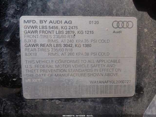 WA1ANAFY0L2060727 Audi Q5 Premium 45 Tfsi Quattro S Tronic/titanium Premium 45 Tfsi Quattro S Tronic