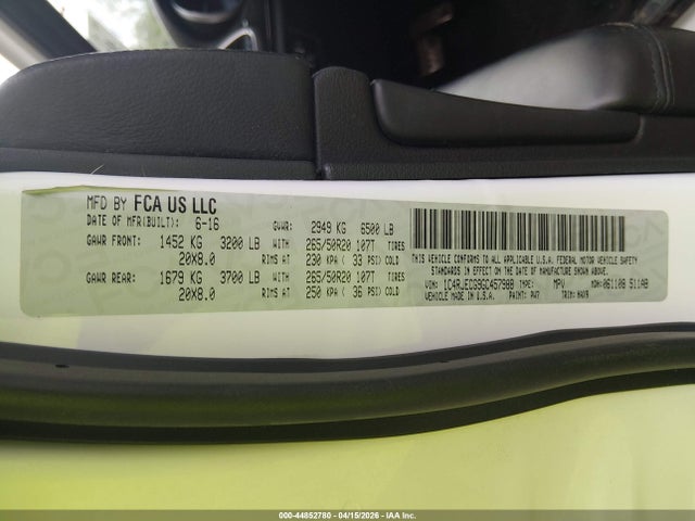 Продаж на аукціоні авто 2016 Jeep Grand Cherokee High Altitude, vin: 1C4RJECG9GC457988, номер лоту: 44852780