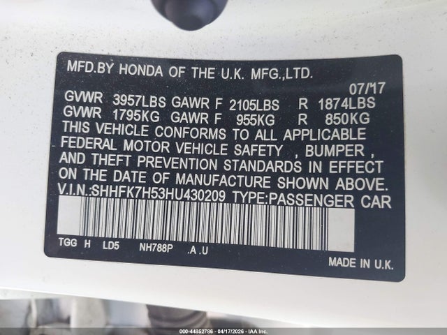 SHHFK7H53HU430209 Honda CIVIC EX