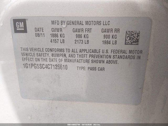44852794 :رقم المزاد ، 1G1PG5SC4C7126610 vin ، 2012 Chevrolet Cruze 2lt مزاد بيع