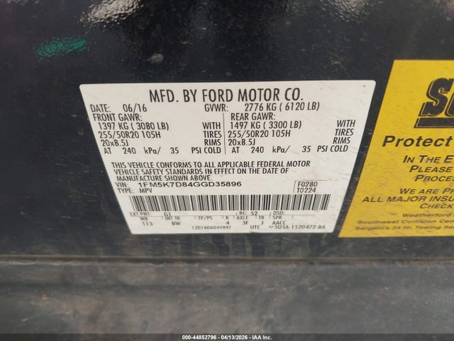 Продаж на аукціоні авто 2016 Ford Explorer Xlt, vin: 1FM5K7D84GGD35896, номер лоту: 44852796