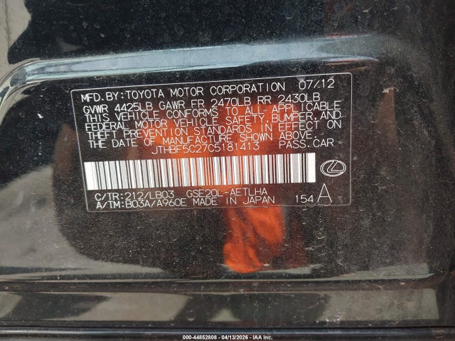 Aukcja sprzedaży 2012 Lexus Is 250, vin: JTHBF5C27C5181413, numer aukcji: 44852808