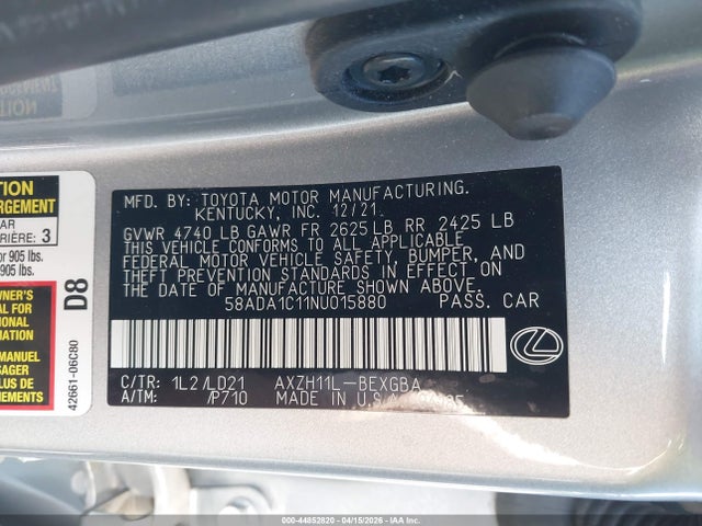 44852820 :رقم المزاد ، 58ADA1C11NU015880 vin ، 2022 Lexus Es 300h مزاد بيع