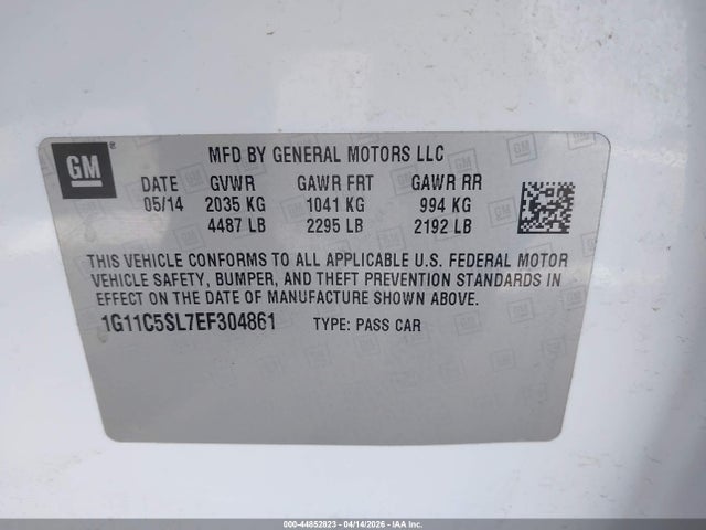 2014 Chevrolet Malibu 1lt მანქანა იყიდება აუქციონზე, vin: 1G11C5SL7EF304861, აუქციონის ნომერი: 44852823