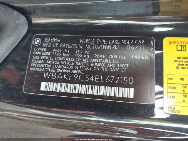 44852826 :رقم المزاد ، WBAKF9C54BE672150 vin ، 2011 Bmw 335i Xdrive مزاد بيع