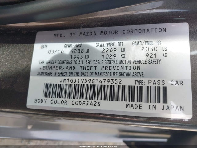 Aukcja sprzedaży 2016 Mazda Mazda6 I Touring, vin: JM1GJ1V59G1479352, numer aukcji: 44852836