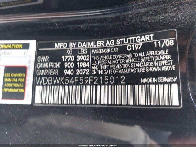 2009 Mercedes-benz Slk 300 მანქანა იყიდება აუქციონზე, vin: WDBWK54F59F215012, აუქციონის ნომერი: 44852847