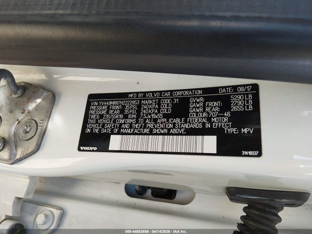 44852856 :رقم المزاد ، YV449MRR7H2222953 vin ، 2017 Volvo Xc60 T6 Dynamic مزاد بيع