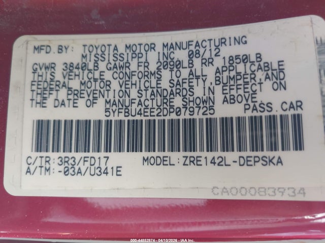 Продаж на аукціоні авто 2013 Toyota Corolla S, vin: 5YFBU4EE2DP079725, номер лоту: 44852874
