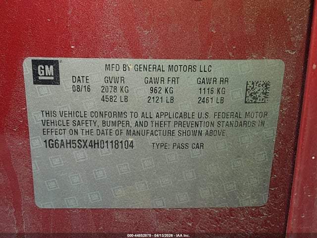 2017 Cadillac Ats Luxury მანქანა იყიდება აუქციონზე, vin: 1G6AH5SX4H0118104, აუქციონის ნომერი: 44852875