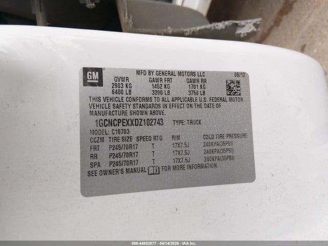 2013 Chevrolet Silverado 1500 Work Truck მანქანა იყიდება აუქციონზე, vin: 1GCNCPEXXDZ102743, აუქციონის ნომერი: 44852877