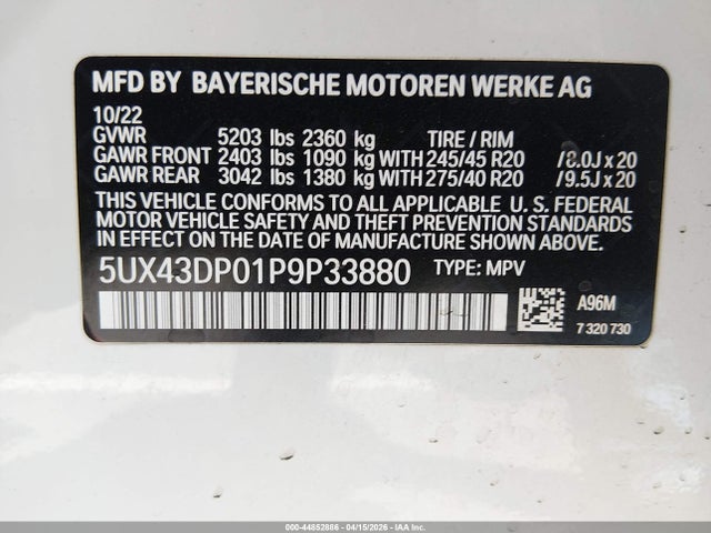 5UX43DP01P9P33880 BMW X3 Sdrive30i