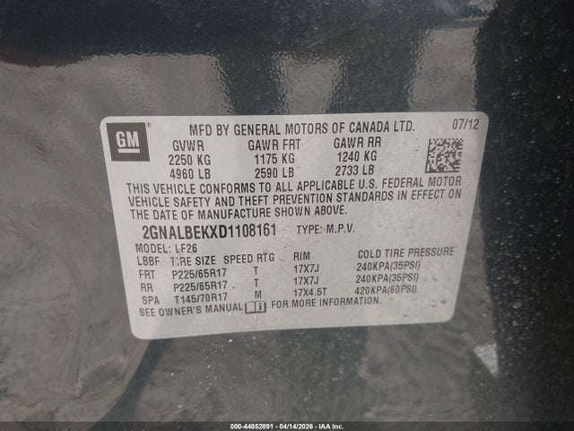 Aukcja sprzedaży 2013 Chevrolet Equinox Ls, vin: 2GNALBEKXD1108161, numer aukcji: 44852891