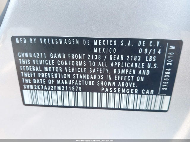 Продаж на аукціоні авто 2015 Volkswagen Jetta 2.0l S, vin: 3VW2K7AJ2FM211979, номер лоту: 44852894