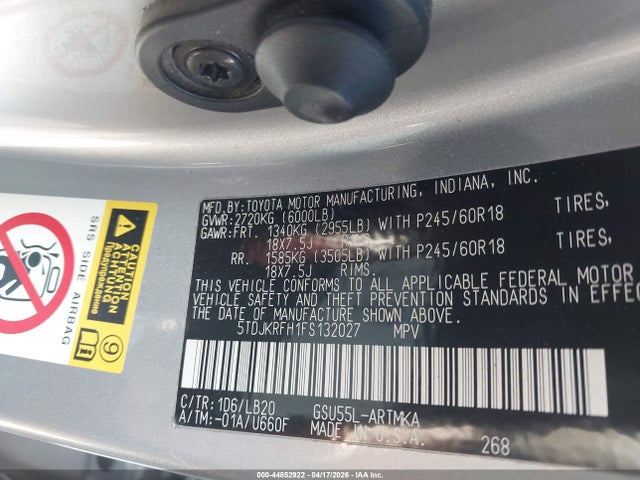 5TDJKRFH1FS132027 Toyota Highlander Xle V6