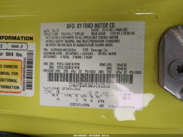 Продажа на аукционе авто 2021 Ford Mustang Ecoboost Premium, vin: 1FATP8UH5M5105056, номер лота: 44852931