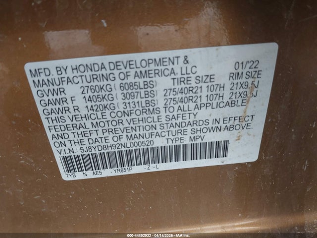 Aukcja sprzedaży 2022 Acura Mdx Type S, vin: 5J8YD8H92NL000520, numer aukcji: 44852932