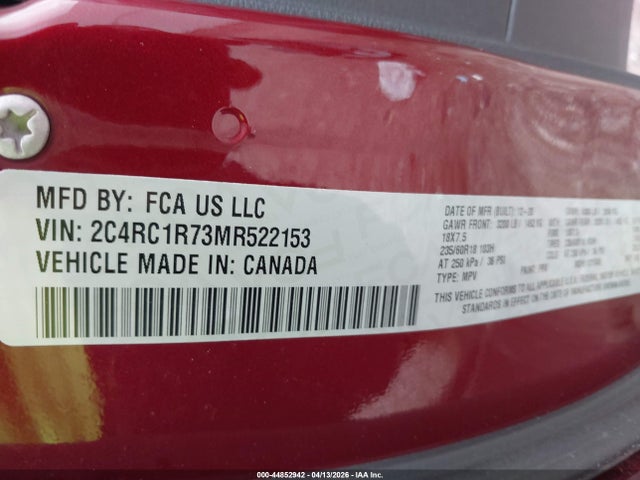 Auction sale of the 2021 Chrysler Pacifica Hybrid Touring, vin: 2C4RC1R73MR522153, lot number: 44852942