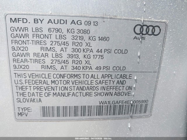 44852943 :رقم المزاد ، WA1LGAFE4ED005990 vin ، 2014 Audi Q7 3.0t Premium مزاد بيع