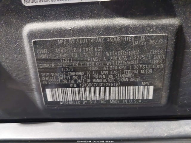Продажа на аукционе авто 2012 Subaru Outback 2.5i Premium, vin: 4S4BRCCC3C3296197, номер лота: 44852944