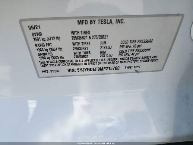 Aukcja sprzedaży 2021 Tesla Model Y Performance Dual Motor All-wheel Drive, vin: 5YJYGDEF9MF215760, numer aukcji: 44852948