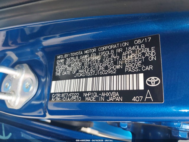 JTDKDTB37J1602962 Toyota Prius C One