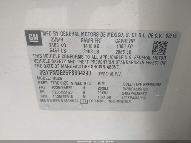 44852968 :رقم المزاد ، 3GYFNDE35FS604290 vin ، 2015 Cadillac Srx Premium Collection مزاد بيع