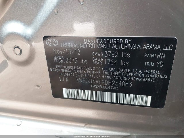 Aukcja sprzedaży 2013 Hyundai Elantra Limited, vin: 5NPDH4AE9DH254083, numer aukcji: 44852970