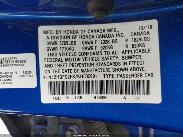 Продажа на аукционе авто 2019 Honda Civic Sport, vin: 2HGFC2F87KH500991, номер лота: 44852972