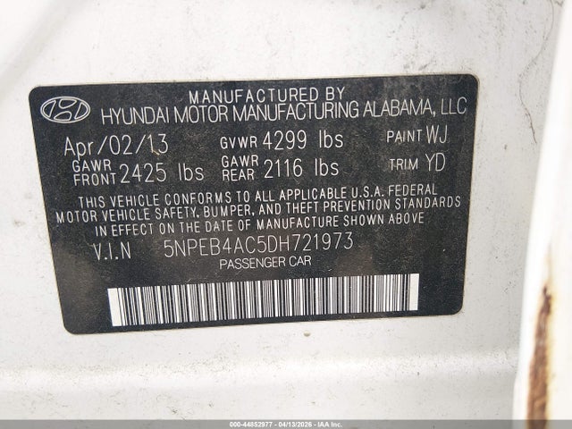 2013 Hyundai Sonata Gls მანქანა იყიდება აუქციონზე, vin: 5NPEB4AC5DH721973, აუქციონის ნომერი: 44852977