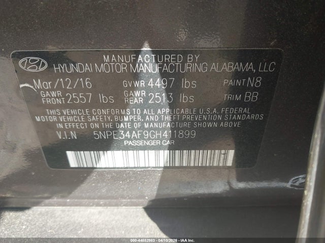 2016 Hyundai Sonata Limited მანქანა იყიდება აუქციონზე, vin: 5NPE34AF9GH411899, აუქციონის ნომერი: 44852983