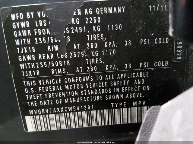 2012 Volkswagen Tiguan Se მანქანა იყიდება აუქციონზე, vin: WVGBV7AXXCW541391, აუქციონის ნომერი: 44852994