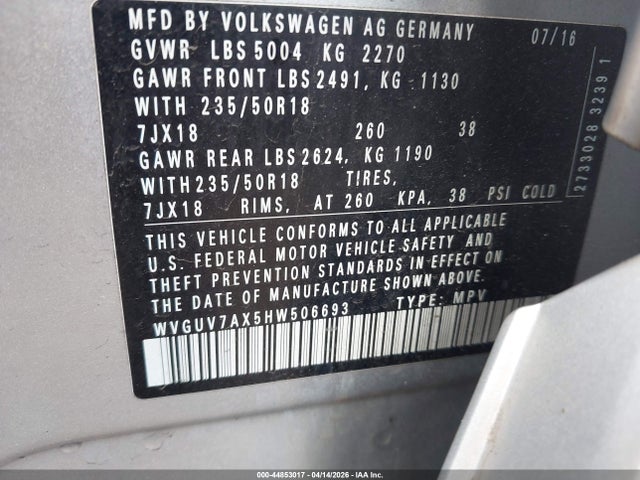 Aukcja sprzedaży 2017 Volkswagen Tiguan 2.0t Sport, vin: WVGUV7AX5HW506693, numer aukcji: 44853017
