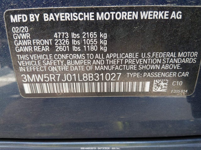 Aukcja sprzedaży 2020 Bmw 330i Xdrive, vin: 3MW5R7J01L8B31027, numer aukcji: 44853019