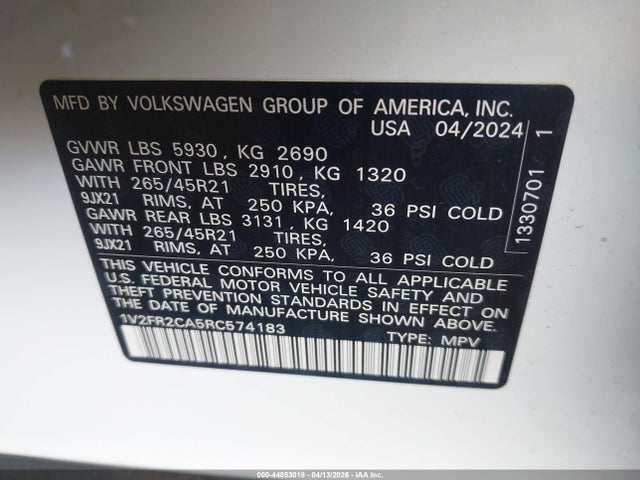 Aukcja sprzedaży 2024 Volkswagen Atlas 2.0t Sel Premium R-line, vin: 1V2FR2CA5RC574183, numer aukcji: 44853018