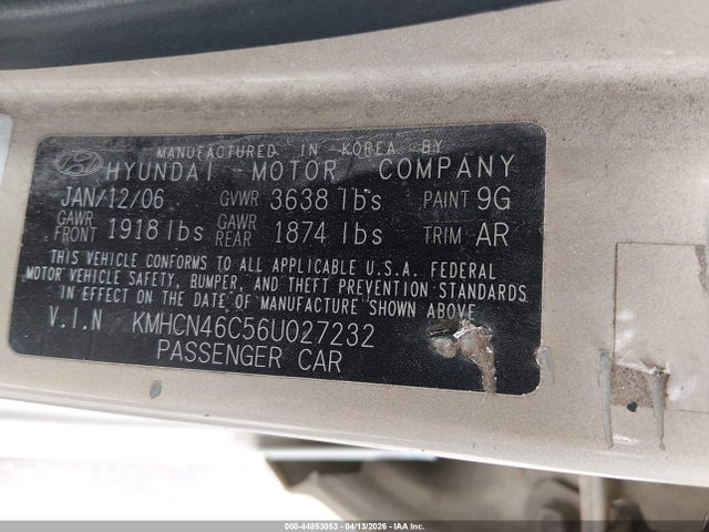 2006 Hyundai Accent Gls მანქანა იყიდება აუქციონზე, vin: KMHCN46C56U027232, აუქციონის ნომერი: 44853053