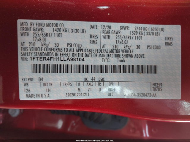Продажа на аукционе авто 2020 Ford Ranger Xlt, vin: 1FTER4FH1LLA98104, номер лота: 44853079