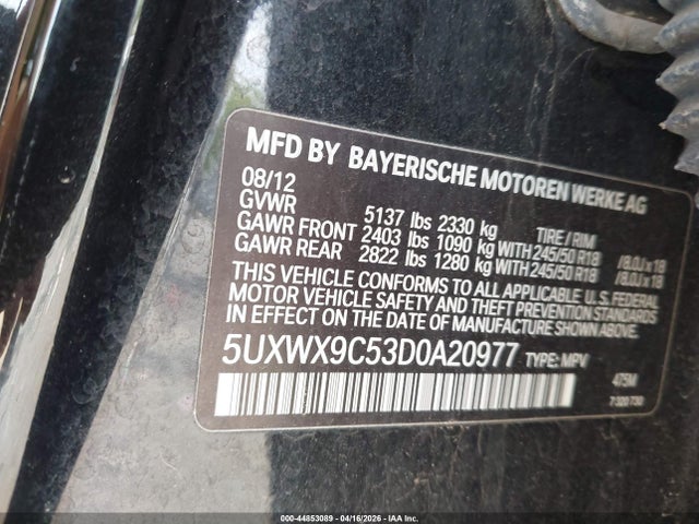 44853089 :رقم المزاد ، 5UXWX9C53D0A20977 vin ، 2013 Bmw X3 Xdrive28i مزاد بيع